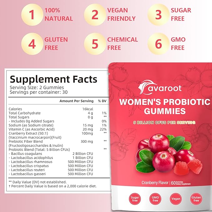 avaroot Women's Vaginal Probiotics Women's Balanced pH Gummies Healthy Smell Yeast Balance and Flora + Vitamin C Immune Support - Cranberry Flavor (1pc)