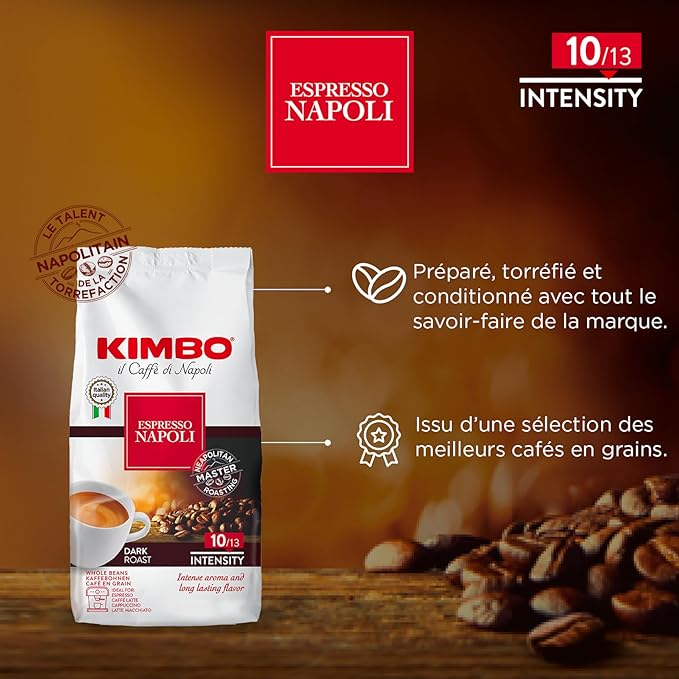 Kimbo Espresso Napoli Whole Bean Coffee - Blended and Roasted in Italy - A Dark Roast with Intense and Long Lasting Flavors - 17.6 oz Bag