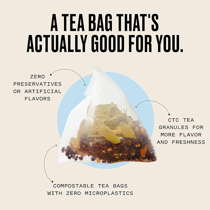Kolkata Chai - Decaf Chai Tea Bag 45 Count Premium Assam Black Tea and Spices Compostable Tea Bags Vegan All Natural