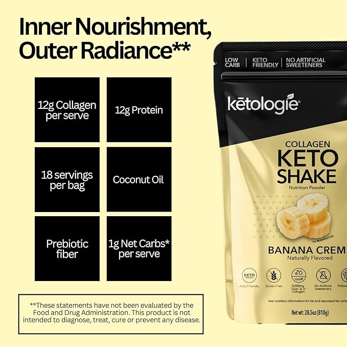 Keto Collagen Shake (Vanilla) - with Coconut Oil Prebiotics Grass Fed Hydrolyzed Collagen Peptides Type I &amp III Low Carb Gluten Free1.78lbs. (810g Banana Creme)