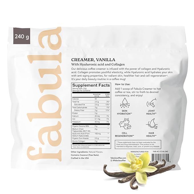Fabula Collagen Creamer for Coffee with Hyaluronic Acid MCT Oil made with Organic Coconut Milk Vanilla Flavored Non Dairy Sugar Free Creamer 8.5 Oz