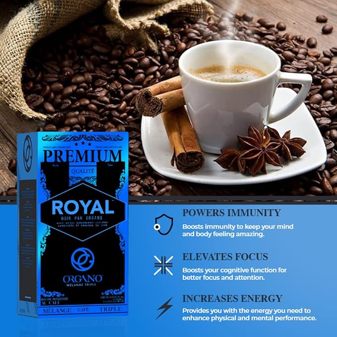 ORGANO Royal Black Medium Dark Roast Instant coffee. Infused with Triple Mushroom Blend Ganoderma Cordyceps and Lion's Mane. Aromatic and flavorful Ground Coffee Beans (25 Sachets)