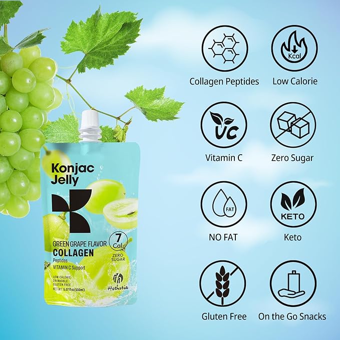 Hethstia Konjac Jelly Green Grape Flavor with Collagen Peptides 10 Packs and Konjac Rice Gluten Free 12 Packs Low Calorie Keto Sugar Free Healthy Food