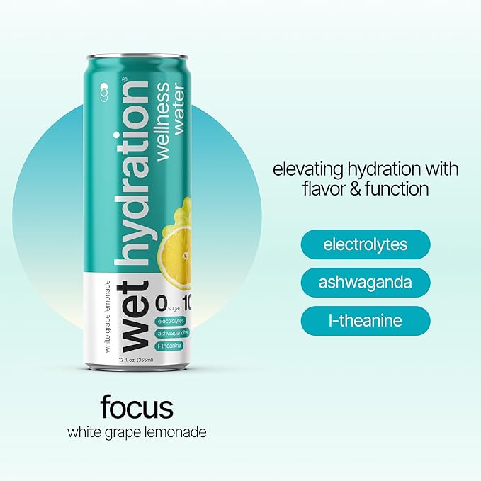 Wet Hydration Wellness Water | Electrolyte Drink with Ashwagandha &amp L-Theanine – White Grape Lemonade (12oz Cans Pack of 12) | Zero Sugar 10 Calories Zero Bubbles Functional Hydration