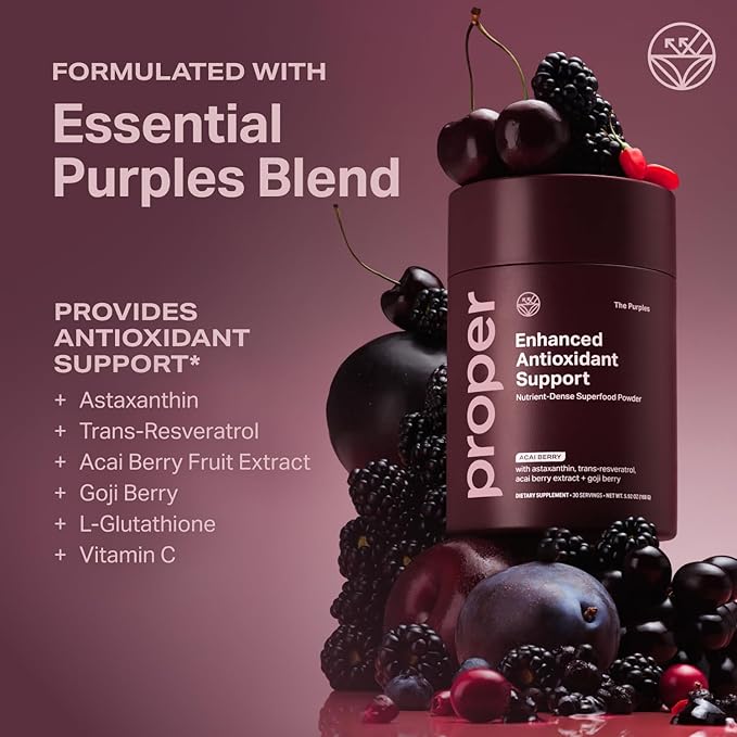 Proper The Purples Nutrient-Dense Superfood Powder - Antioxidant Supplement and Cellular Support – Acai Amla Blueberry Vitamin C B Vitamins &amp More - Enhanced with Prebiotic Fiber &amp Probio