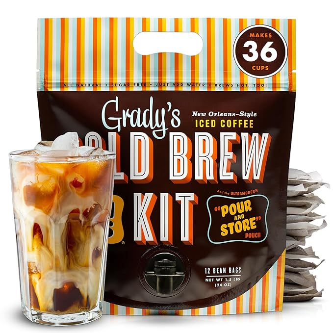 GRADY’S COLD BREW New Orleans Style &amp French Vanilla Bundle 100% Arabica Ground Coffee &amp Chicory Pouches 2 All-in-One Cold Brew Kits each with 12 Easy-to-Brew Beans Bags Make 72 drinks