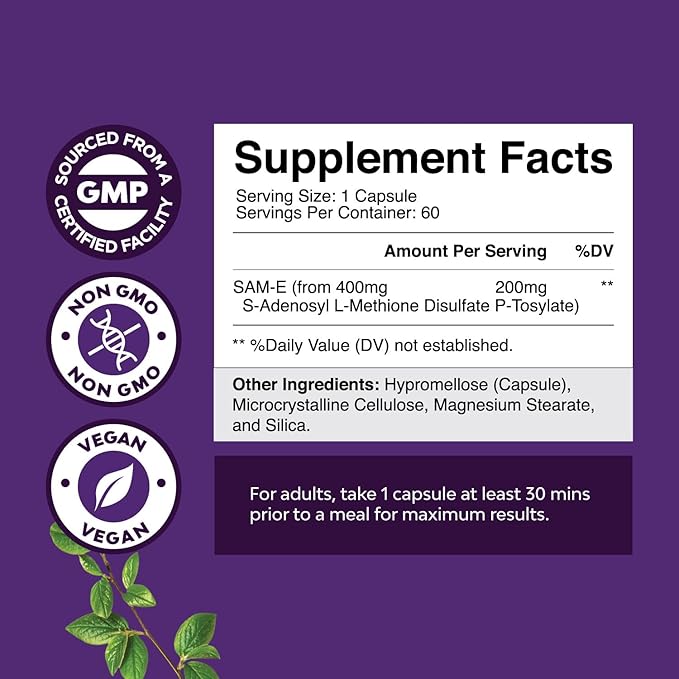 Sam-E 200mg Mood Support Supplement - S-Adenosyl Methionine Sam-E Supplement for Natural Relaxing Mood Boost Brain Support and Liver Detox Cleanse - Vegan Non-GMO and Gluten Free - 60 Count - 2 Pack