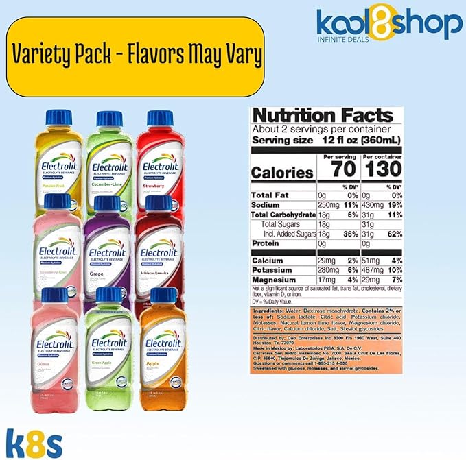 Electrolit Variety Pack Flavors May Vary Hydration Drink with Electrolytes 21 fl oz Plastic Bottles 9 Pack + 1 Microfiber Cooling Towel by KOOL8SHOP Infinite Deals