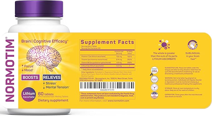 Lithium Supplement 5 mg for Memory &amp Focus – Lithium Ascorbate 5 mg with Vitamin B6 &amp Thiamin (B1) for Mental Clarity &amp Calm Mood – Fast-Melting Tablets – Lithium Orotate Alternative – 60
