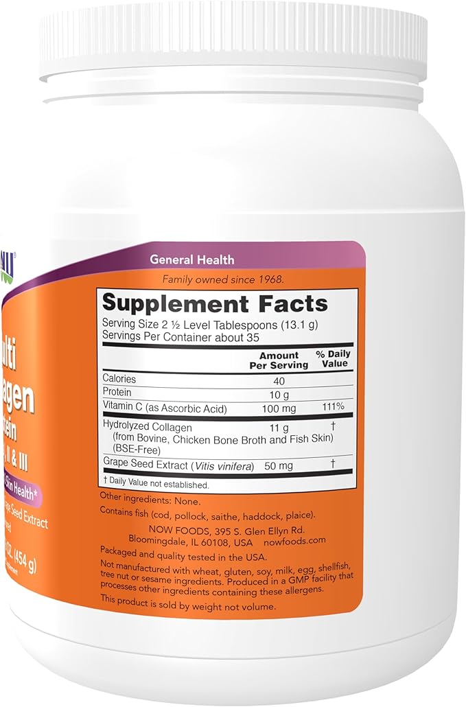 Now Foods Supplements Multi Collagen Protein Types I II &amp III Powder Bone Joint and Skin Health 16 oz (454 g)