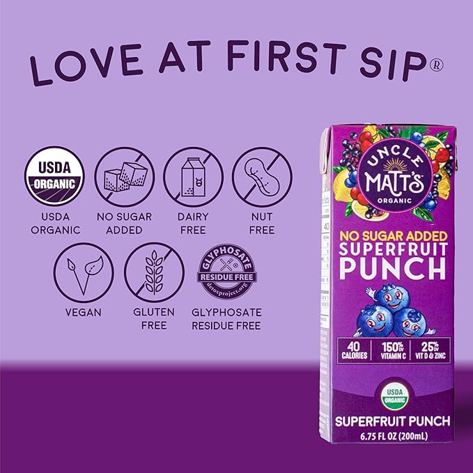 Uncle Matt’s Organic Juice Boxes – 32 pack No Added Cane Sugar Superfruit Punch USDA Organic Only 40 Calories with Vitamin C D &amp Zinc Kid-Friendly Juice Drinks
