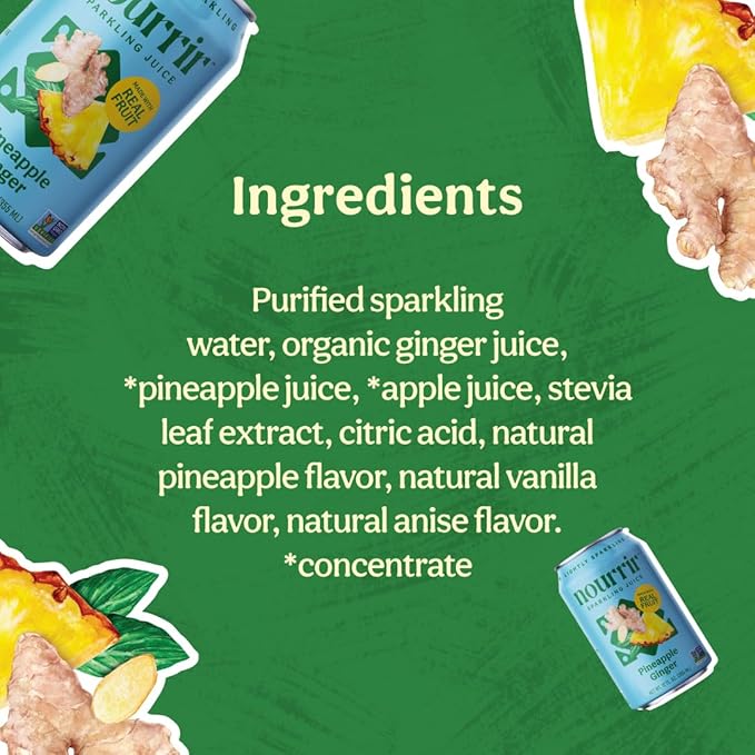 Nourrir Sparkling Pineapple Ginger Juice Real Fruit Tropical Zest &amp Spiced Warmth Non-GMO Gluten-Free Non-Alcoholic 90 cals 0g Added Sugar (12-Pack)