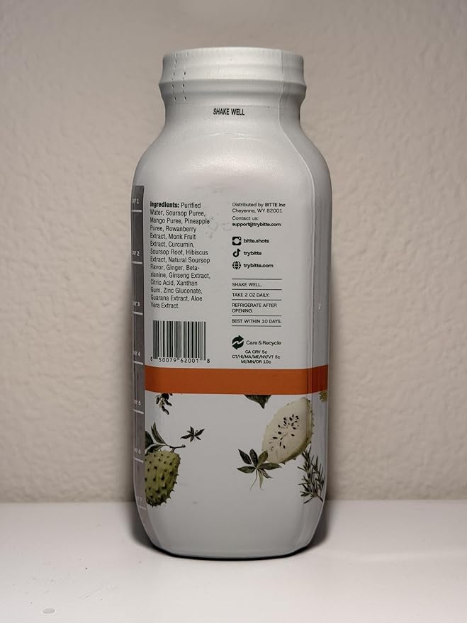 BITTE Immune + Energy Soursop Shots – 3 Pack Ready to Drink Mango Soursop with Zinc Ginseng Guarana &amp Turmeric – Functional Shot Brand for Supplement &amp Juice Lovers – 48 fl oz Total (24 Serv