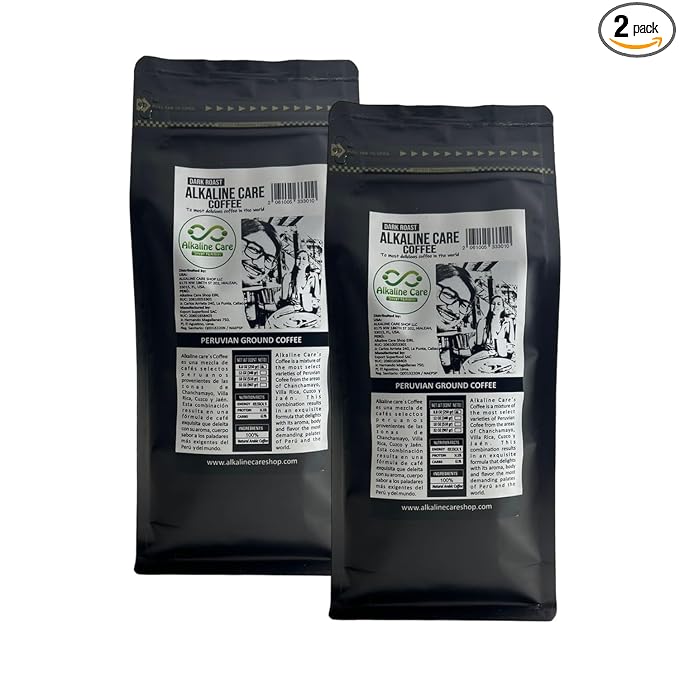 ALKALINE CARE | Dark Roast Ground Coffee 100% Arabica Ground Beans | Peruvian Gourmet Coffee With Bold Aroma &amp Smoky Flavors - Premium Coffee From Exotic Peruvian Jungle | Set of 2 | 17.6oz (500g)