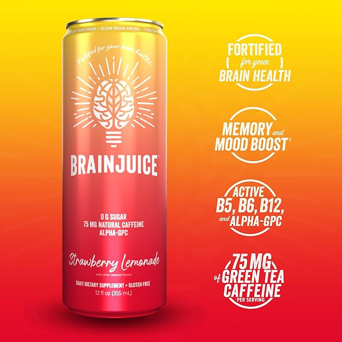 Brainjuice Brain Health Support Drink for Energy &amp Focus Vitamin C B5 B6 &amp B12 L Theanine Alpha GPC &amp Natural Caffeine From Green Tea Vegan Gluten Free Strawberry Lemonade 12 Oz C