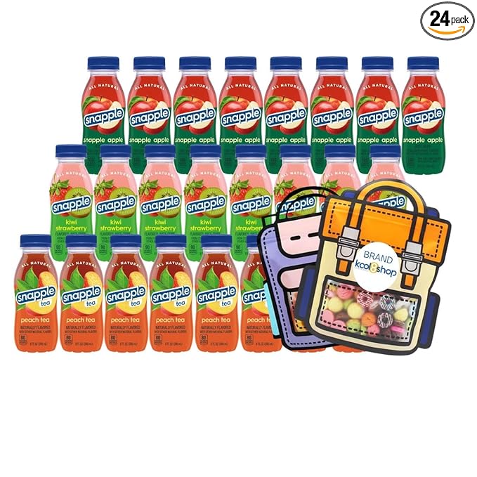 Snapple Variety Pack All Natural Juice Drink 8 fl oz Mini Plastic Bottle 24 Pack + 2 Reusable Snack Bags by KOOL8SHOP Infinite Deals