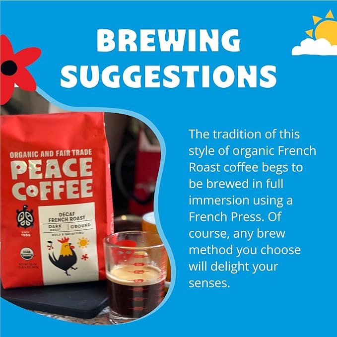 Peace Coffee Decaf French Roast | 20 oz Whole Bean Dark Roast | Organic Fair Trade | Rich Bold Flavor | Shade Grown Fresh Roasted
