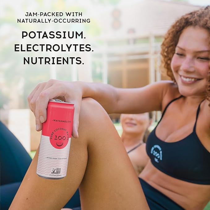 100 Coconuts Watermelon Pure Coconut-100% Pure Coconut Water - Low Calorie All-Natural Drink with Electrolytes - Naturally Sweet no preservatives- Non-GMO 11 fl oz Pack of 12 (Pure Coconut Water)
