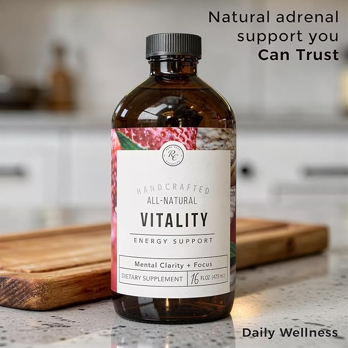 Rowe Casa Organics Vitality Energy Support with Strawberries Guarana &amp Rhodiola Extract – Natural Caffeine Liquid Vitamins for Mental Clarity and Focus – 16