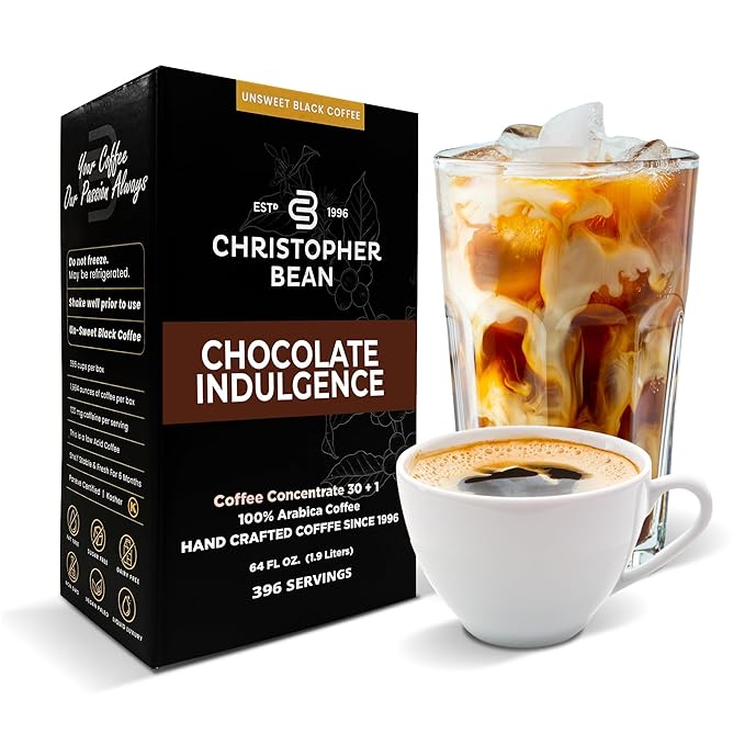 Christopher Bean Coffee - 396 servings 30 to 1 Blend Bag in Box Liquid Instant Coffee or Cold Brew Coffee Concentrate - Hot or Iced Coffee - Chocolate Indulgence