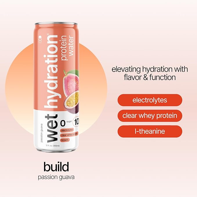 Wet Hydration | Functional Wellness Water Non-Carbonated - Passion Guava (12 fl. oz. / 355ml Cans Pack of 12) - Zero Calorie Hydration Drink with Electrolytes Clear Whey Protein BCAAs Protein Wat