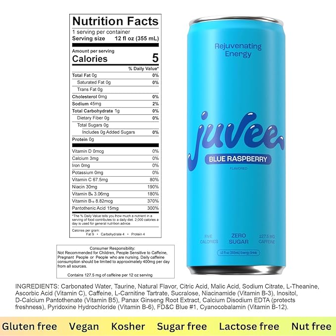 Juvee Rejuvenating Energy Drink Variety Pack – 12 oz Cans Pack of 24 (12 Blue Raspberry + 12 Kiwi Strawberry) – Sugar-Free 128 mg Natural Caffeine Low Calorie Clean Energy &amp Mental Focus Boost