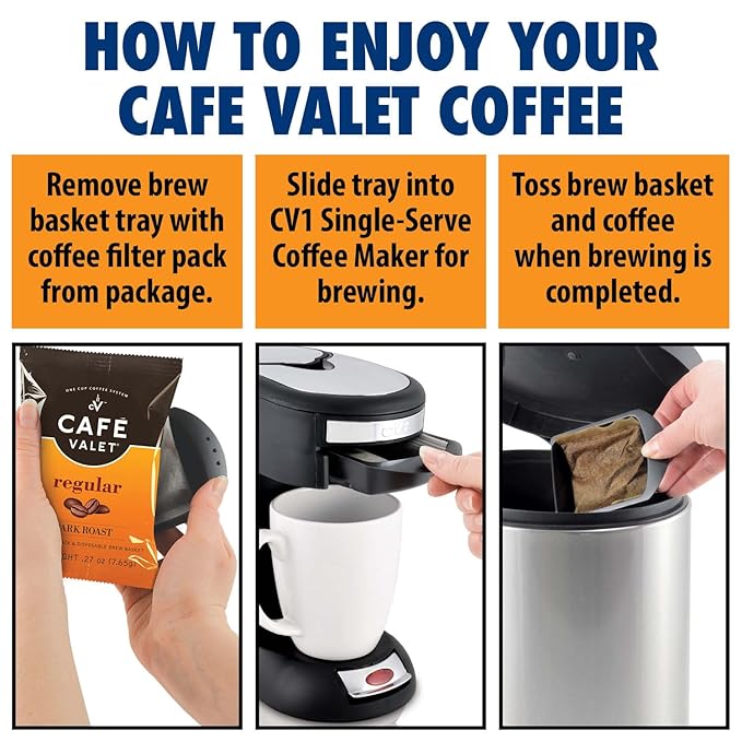 Café Valet Regular Dark Roast Single Serve Coffee Packets – 84 Count – For Use with Café Valet Single Serve Cofee Makers – Disposable Brew Basket &amp Cofee Pack