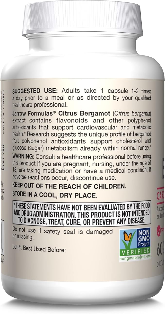 Jarrow Formulas Citrus Bergamot Supplement 500 mg - 60 Servings (Veggie Caps) - Antioxidant Support for Cardiovascular &amp Metabolic Health - Dietary Supplement - Vegan Gluten-Free- Use with QH-Abso