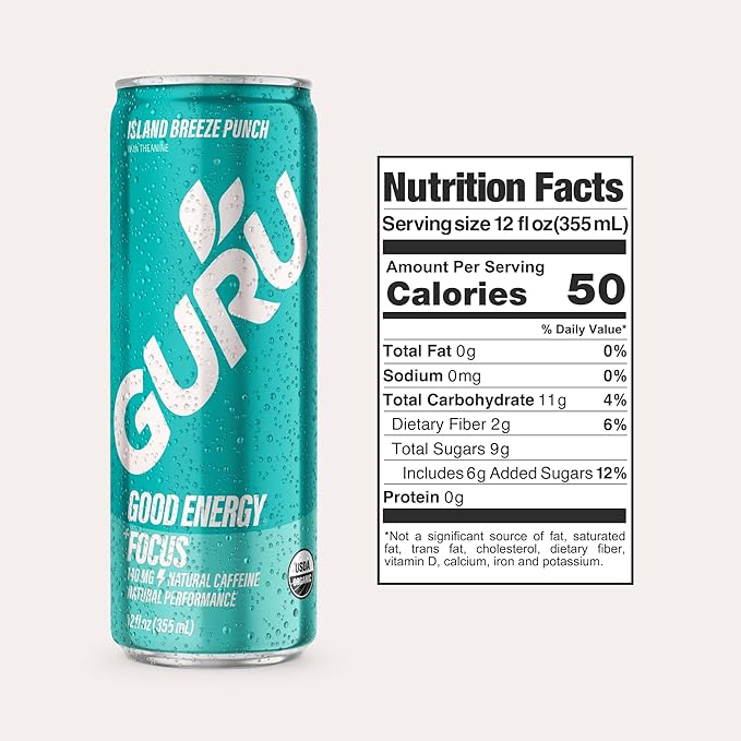 GURU Island Breeze Punch Organic Energy Drinks Clean Energy Drink with Plant Based Natural Caffeine from Green Tea + Focus with L Theanine Gluten Free and Vegan 140MG Caffeine 12oz (Pack of 24)