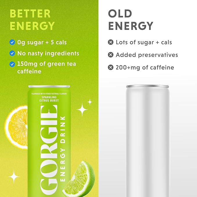 GORGIE Sugar Free Natural Energy Drinks Sparkling Citrus Burst (12 Pack) - Healthy Energy Drinks - Natural Coffee Replacement with Green Tea Caffeine and Biotin - 150mg Caffeine Vegan &amp Low Cal