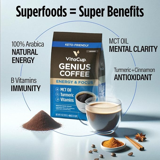 Vitacup Genius Ground Coffee &amp Keto + Collagen Vanilla Coffee Creamer Bundle for Keto Diet Energy &amp Focus 11 oz Ground Coffee Bag &amp 10 oz Creamer Powder Bag
