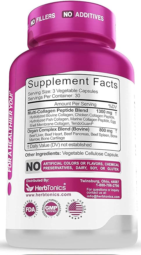 Herbtonics Multi Collagen Gummies with Multi Collagen Capsules Types I II III V &amp X Protein Peptides and Organ Complex Bundle