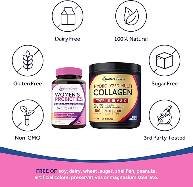 Doctor's Recipes Women’s Probiotics &amp Multi Collagen Powder Bundle Value Pack for Vaginal Skin Hair Nail Health No Gluten Pro (60 Capsules) &amp Collagen (45 Servings)