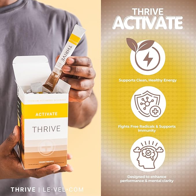 Thrive Activate - Focus &amp Energy Drink Powder Mix with Real Flavor 30 Packets- Enhanced Energy Performance Vitamin C Vitamin E B12 for Mental Clarity (30 Packet Coconut Pinneapple)