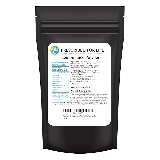 Prescribed for Life Lemon Juice Powder Natural Spray Dried &amp Unsweetened Non GMO Lemon Juice Reconstitute Ratio 1:2 (1kg / 2.2lb)