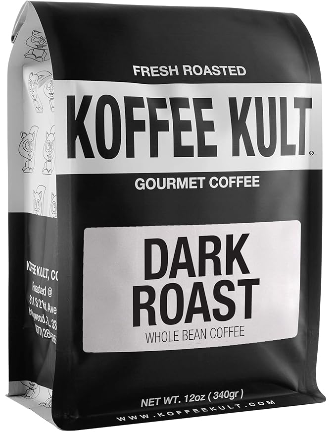 Koffee Kult Dark Roast Coffee Beans - Rich &amp Bold with Chocolate &amp Cinnamon Notes Smooth Finish 100% Arabica Ethically Sourced Resealable 12oz package