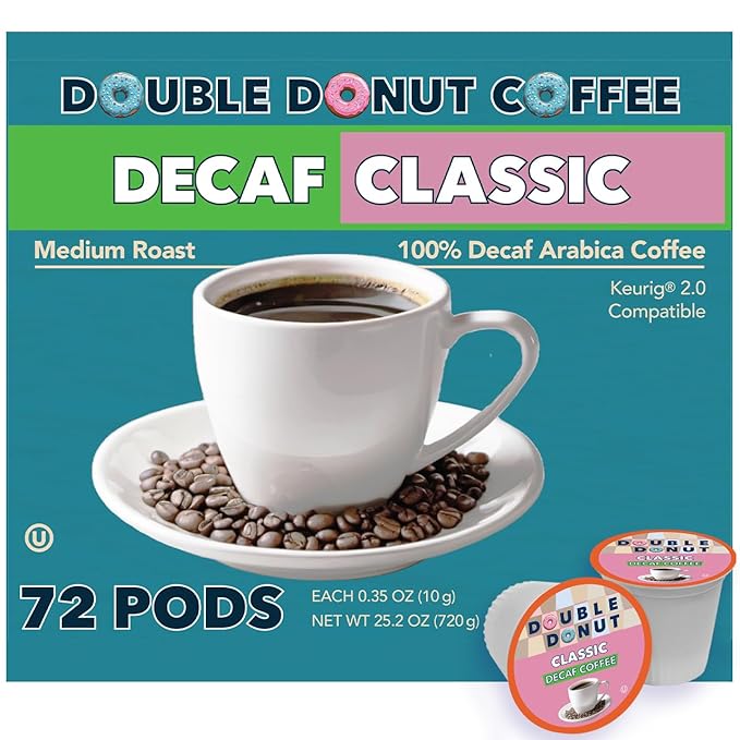 Double Donut Decaf Classic Roast Coffee pods Decaf Medium Roast Coffee Compatible with Keurig K Cups Brewers 72 Count