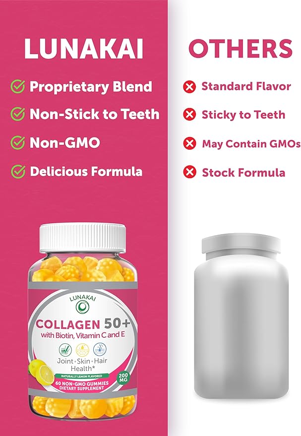 Lunakai USA Made Collagen Gummies for Women &amp Men Over 50 Biotin &amp Vitamin C Supports Skin Elasticity Hair &amp Nail Strength Joint Support - 3 Pack