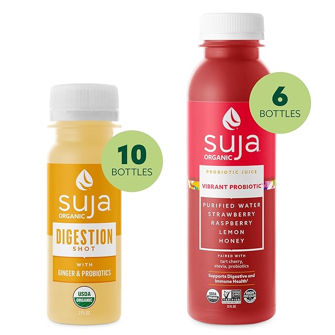 Suja Organic Gut Health Shots and Juice Variety Pack | 10 Digestion Shots and 6 Vibrant Probiotic Juices | Plant-Based &amp Gluten Free (2 fl oz Shots/Pack of 10 12 fl oz Juices/Pack of 6)