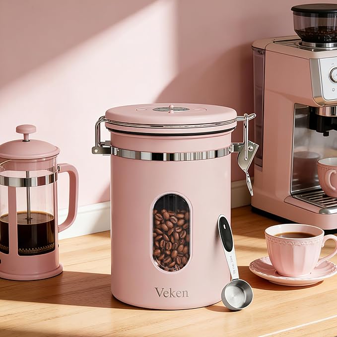 Veken Coffee Canister with Window Easter Gifts Airtight Stainless Steel Container with Lids Home Kitchen Food Storage Jars for Grounds Beans Tea Flour Cereal Sugar Basket Scoop 22OZ Pink