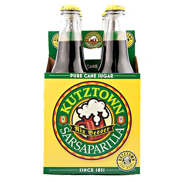 KauffmanTreats Kutztown Glass Bottle Sarsaparilla Soda Favorite Amish Drink 12 Oz. Bottles (Pack of 4)