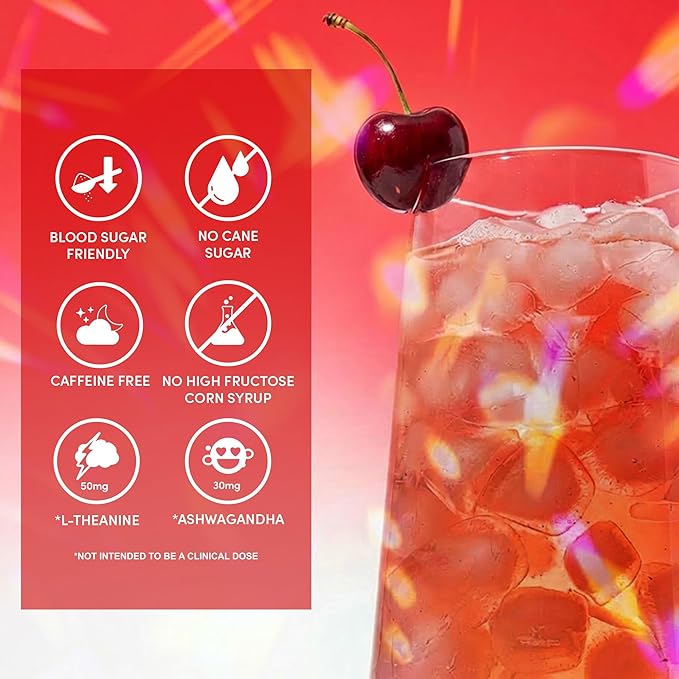 PERFY Caffeine Free Cherry Cola Soda | Made With Real Juice – Low Sugar Nootropic Drink with L-Theanine + Ashwagandha | Calming Adaptogen Mocktail | Keto | Sweetened with Stevia &amp Monk Fruit | 12-
