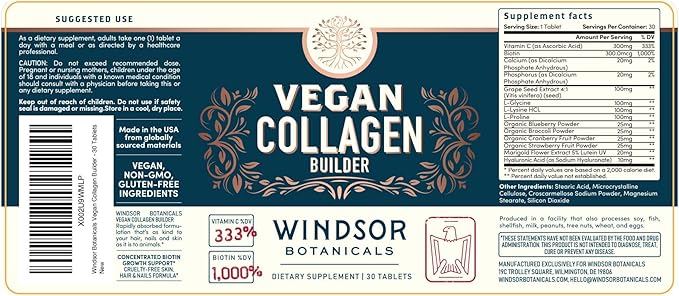 Vegan Collagen for Women and Men - Organic Superfood Amino Acids Glycine Lysine Proline for Healthy Skin Hair Nails - Plant-Based Collagen Booster Supplements - 60 Gluten-Free Vegetarian Pills