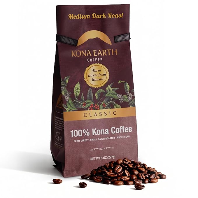 KONA EARTH - 100% Kona Coffee Classic Medium Dark Roast Whole Bean (8oz) Farm-Direct Authentic Hawaiian Kona Coffee beans from Hawaii’s Big Island Small-Batch Roasted
