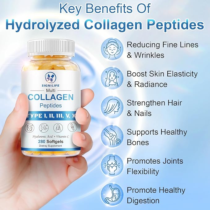 Multi Collagen Peptides for Women &amp Men Hydrolyzed Collagen Peptides-Type I II III V X - with Hyaluronic AcidVitamin CBiotinSupports Skin Hair Nail Non-GMO560 Softgels