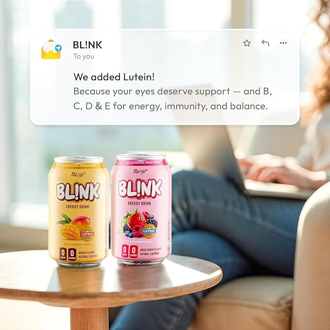 NÜLIFE BL!NK Zero Sugar Sparkling Energy Drink 96mg Natural Caffeine Contains Lutein Clean Energy Drink No Artificial Sweetener Mixed Berry 11.16 Fl Oz (Pack of 12)
