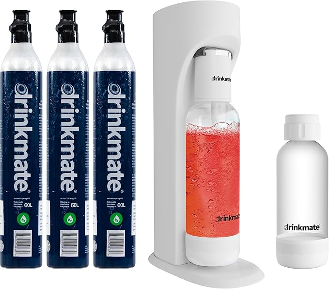 Drinkmate OmniFizz Sparkling Water and Soda Maker Carbonates Any Drink ULTIMATE BUNDLE - Includes three 60L CO2 Cylinders Two Carbonation Bottles and Fizz Infuser (Classic White)