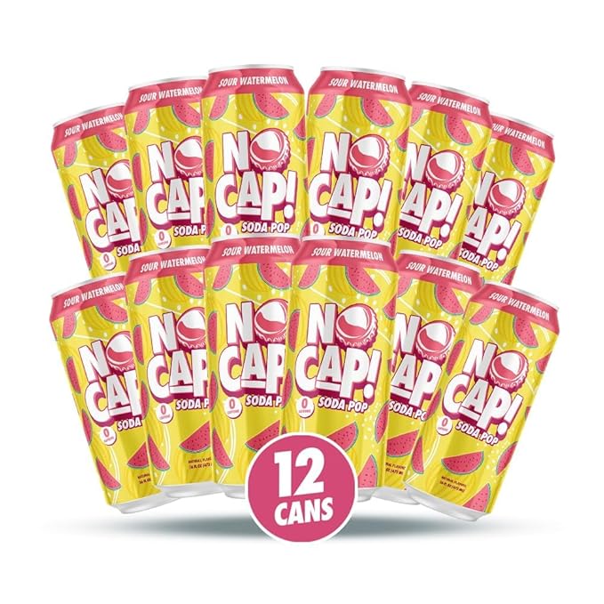 NO CAP! Next Gen Soda Pop with Zero Sugar Zero Calories and Electrolytes for Hydration Naturally Flavored Caffeine-Free Soda Vegan &amp Gluten-Free 12 oz Cans (Sour Watermelon)