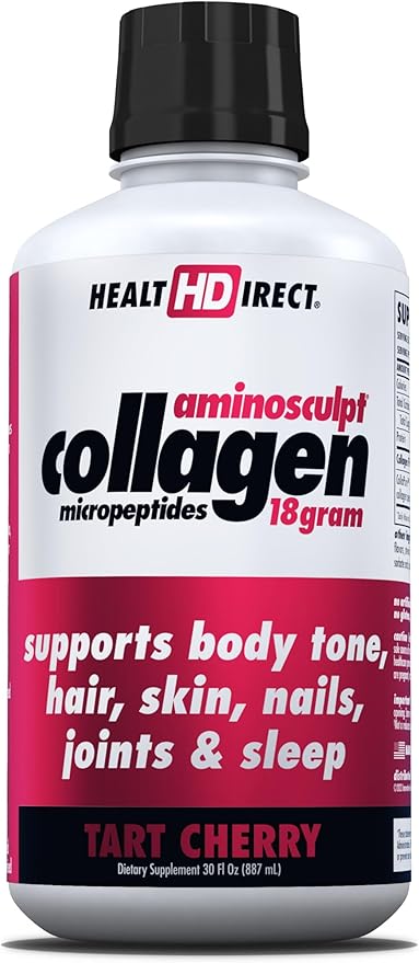 HEALTH DIRECT AminoSculpt Sugar-Free Collagen Supplement - High Potency Medical-Grade Protein for Hair Skin Nails &amp Joints Grass-Fed Non-GMO Liquid Collagen - Tart Cherry - 30 Fl Oz