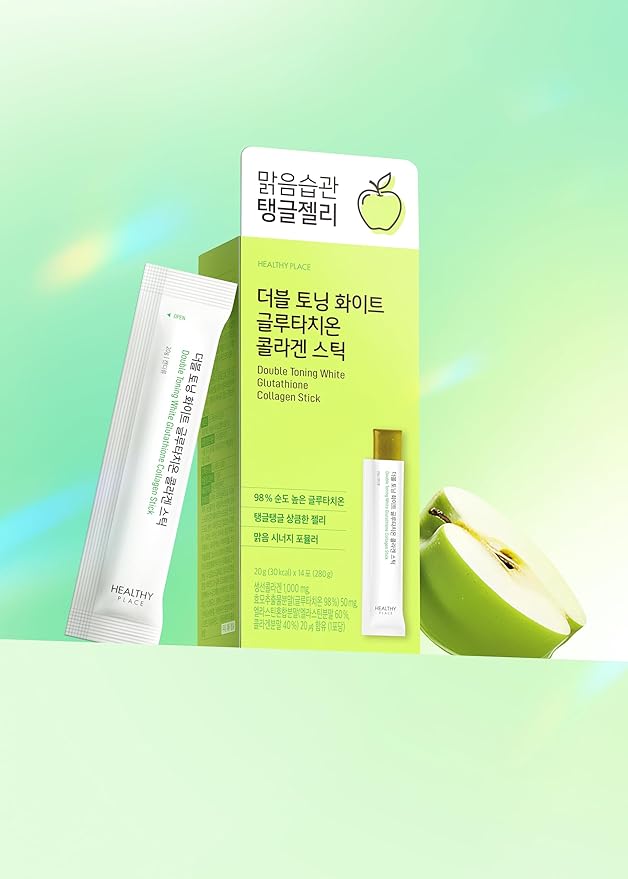 Double Toning White Glutathione Collagen Jelly Stick. Korean Beauty Supplement with Glutathione 98% Fish Collagen Peptide-1000 mg Vitamin C &amp Vitamin E. Green Apple Flavor 14 Sticks.